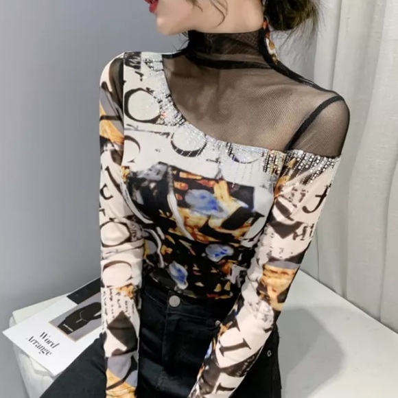 Tops - 🎉 Pre Order New Black Sheer Mesh Color Bloc Print Turtleneck Top